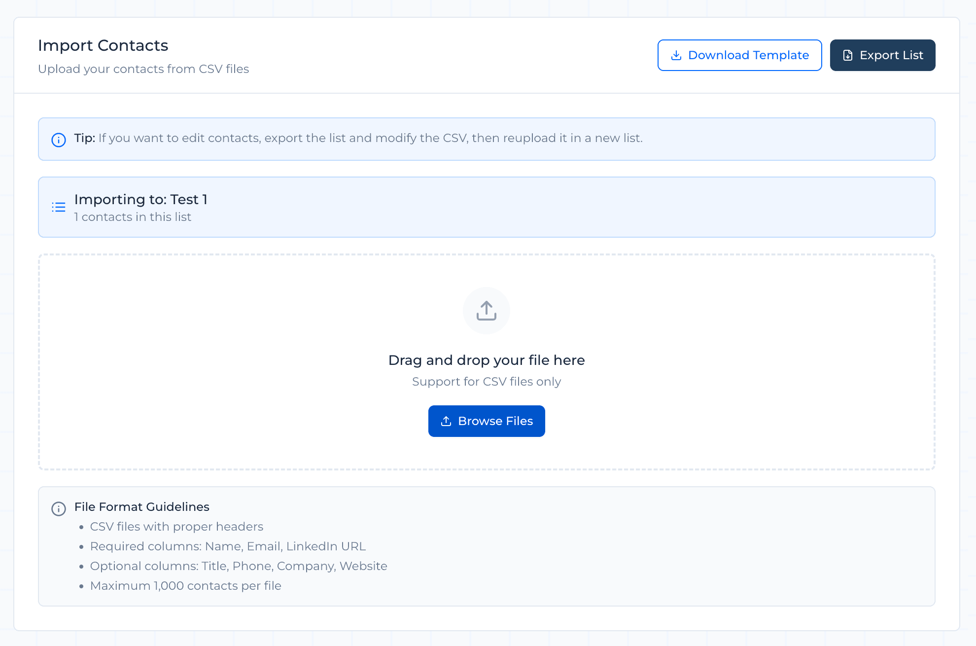 Upload Your Contacts dashboard screenshot